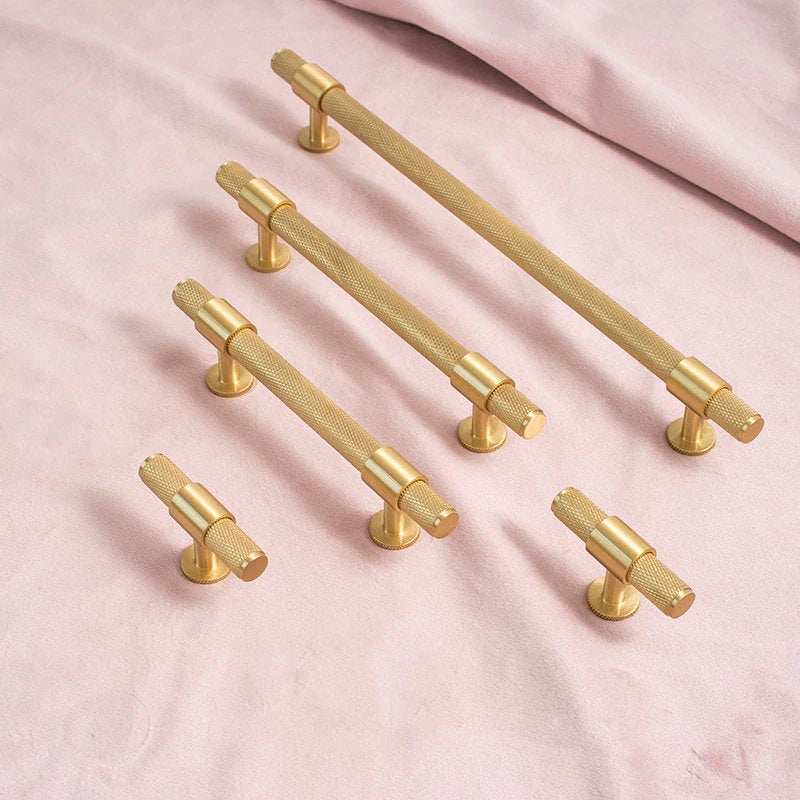 Brushed Brass Finish Knurled T-Bar Kitchen Cabinet Bar Handles
