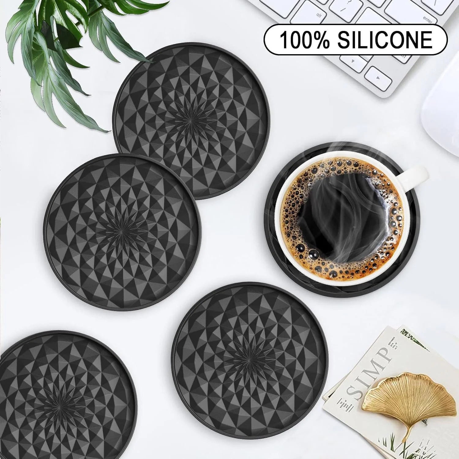 Geometric Silicone Drink Coasters Set (6 Pack) with Holder - Non-Slip Table Protectors