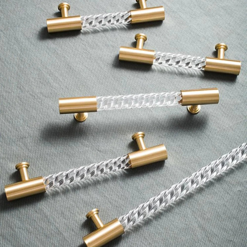 Gold Satin Finish Acrylic Knurled Lines Designed Cupboard T Bar Handle