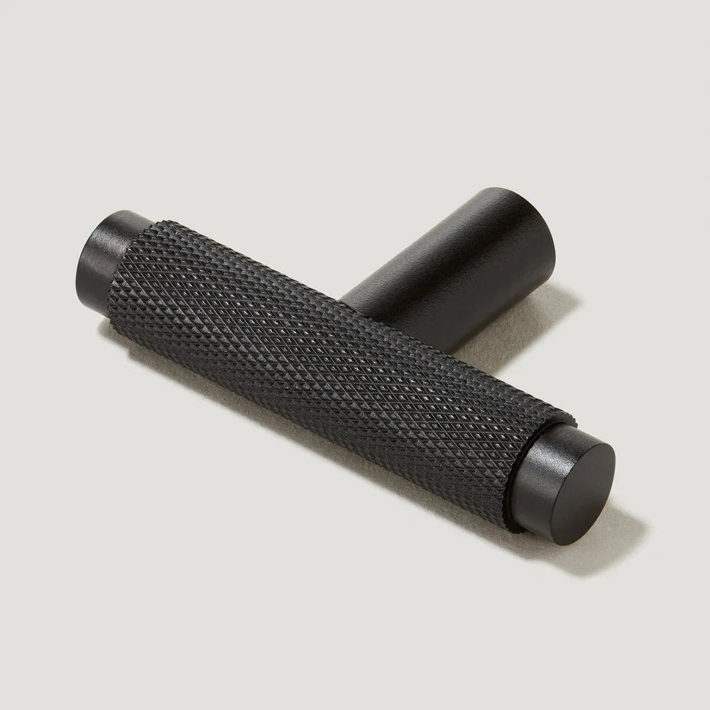 Black Knurled Cabinet Handle Solid Brass T Bar Design
