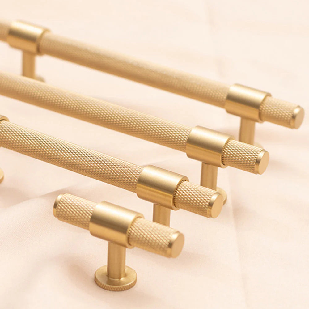 Brushed Brass Finish Knurled T-Bar Kitchen Cabinet Bar Handles