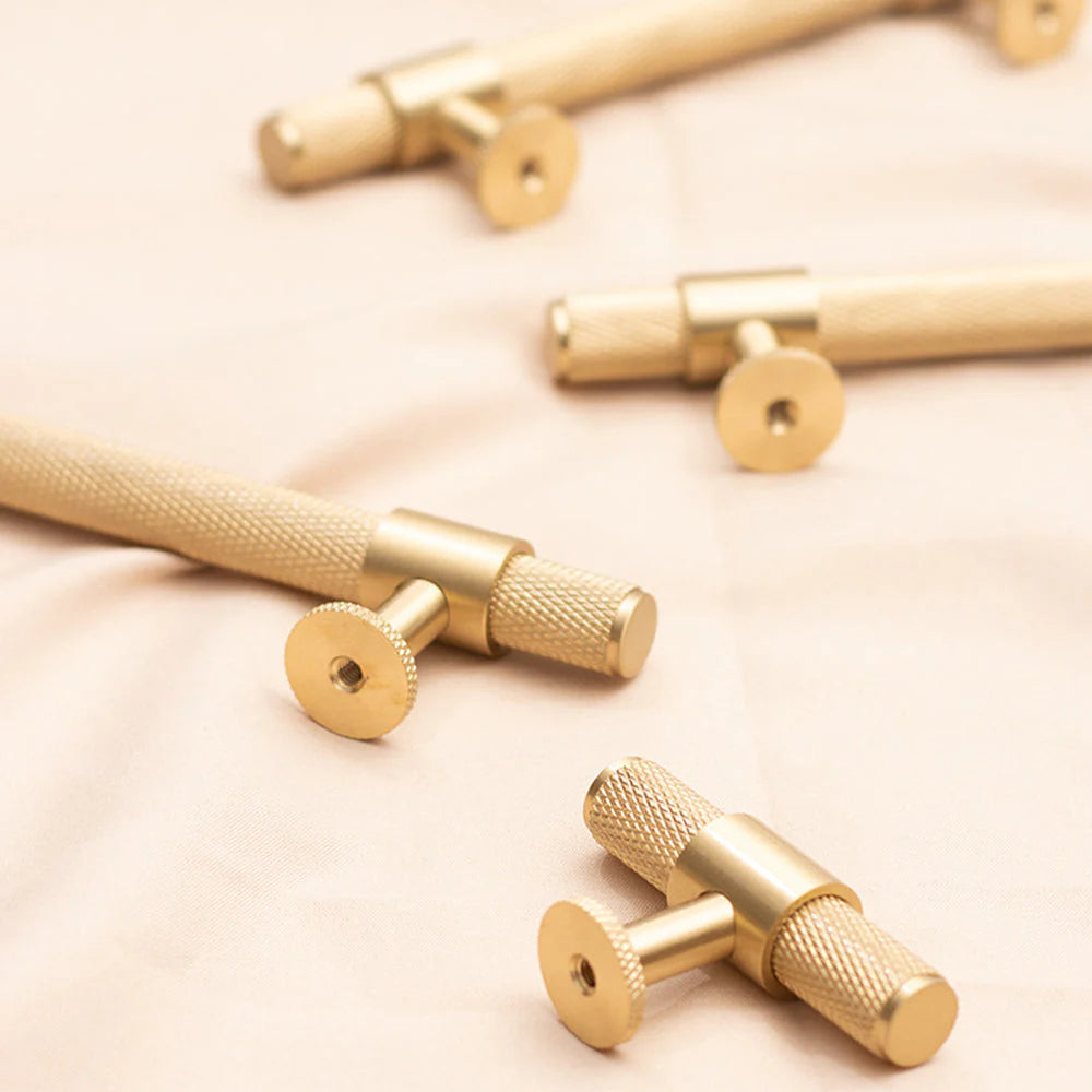 Brushed Brass Finish Knurled T-Bar Kitchen Cabinet Bar Handles
