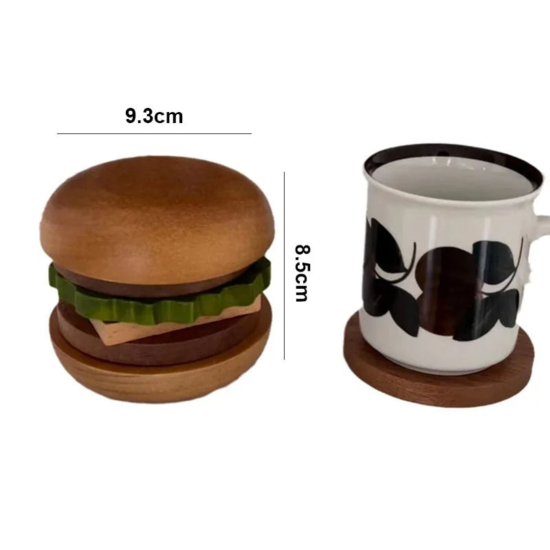6PCS Hamburg Shape Teacup Tray 6 In 1 Solid Wood Coaster