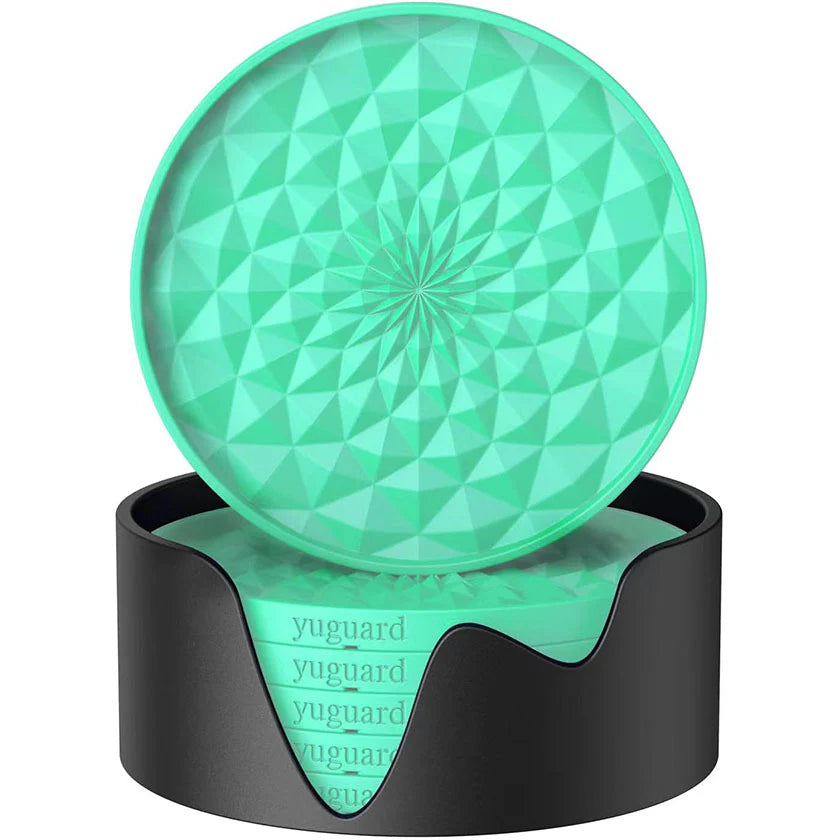 Geometric Silicone Drink Coasters Set (6 Pack) with Holder - Non-Slip Table Protectors