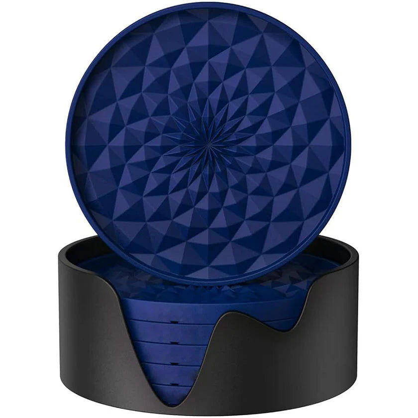 Geometric Silicone Drink Coasters Set (6 Pack) with Holder - Non-Slip Table Protectors