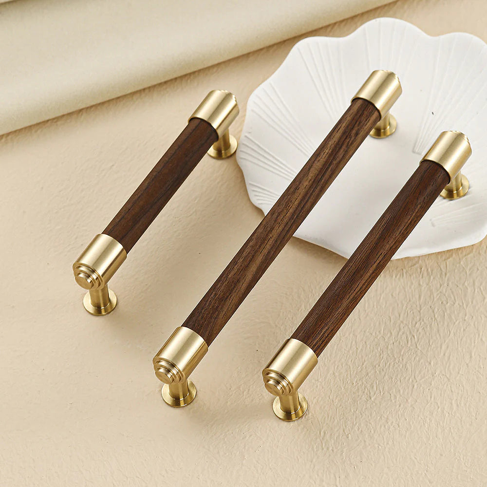 Walnut Wood Cabinet Drawer Handle with Gold Brass for Kitchen
