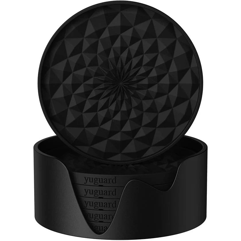 Geometric Silicone Drink Coasters Set (6 Pack) with Holder - Non-Slip Table Protectors