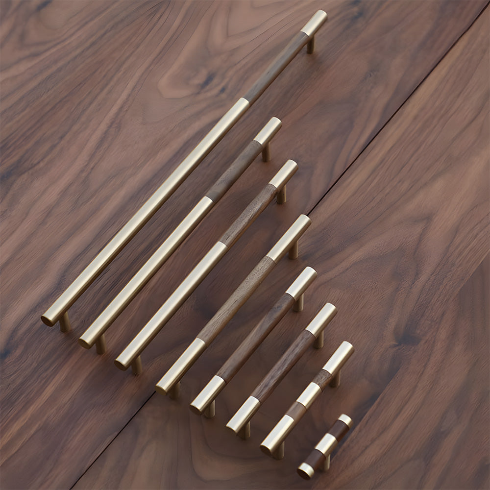 Luxury Gold Brass & Walnut T-Bar Kitchen Cupboard Handles