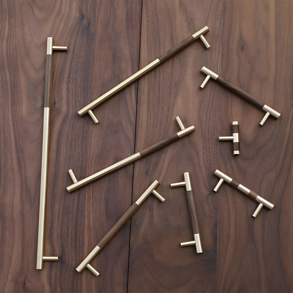 Luxury Gold Brass & Walnut T-Bar Kitchen Cupboard Handles