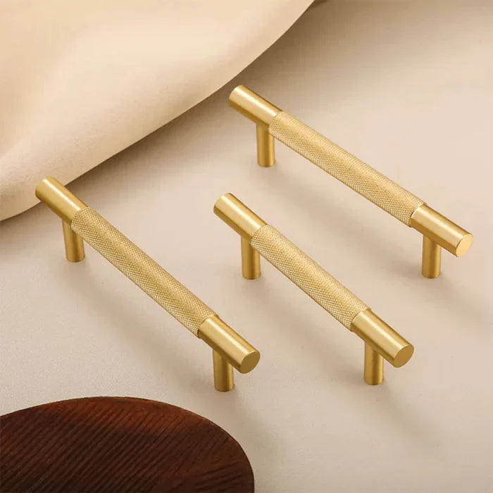 Modern Brushed Gold Solid Brass Knurled Cabinet Handles