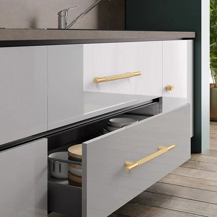 Modern Brushed Gold Solid Brass Knurled Cabinet Handles