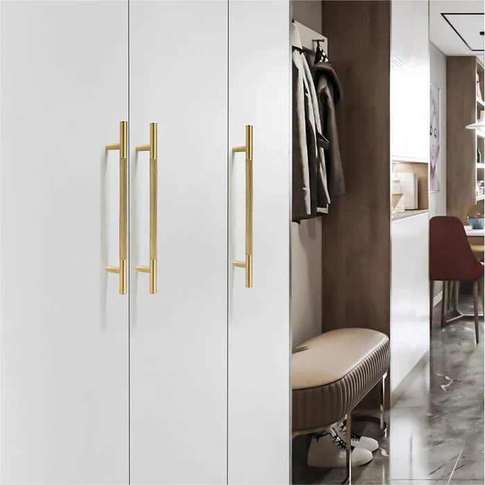 Modern Brushed Gold Solid Brass Knurled Cabinet Handles