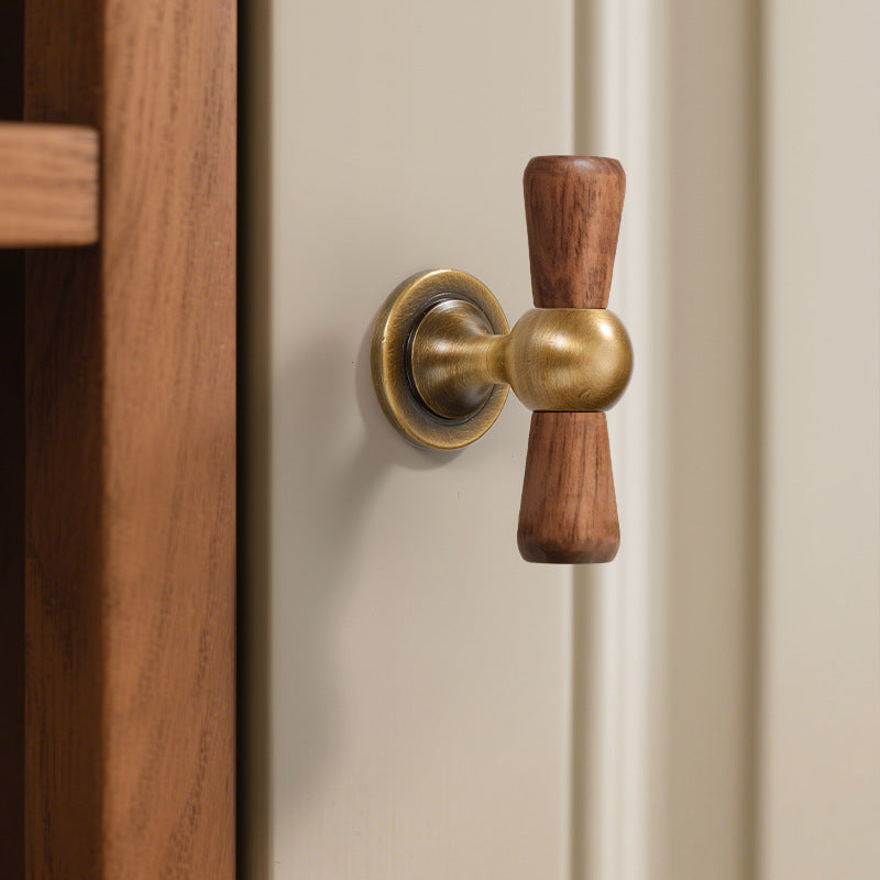 Vintage Walnut Brass Cabinet Handle Cupboard Drawer Pulls