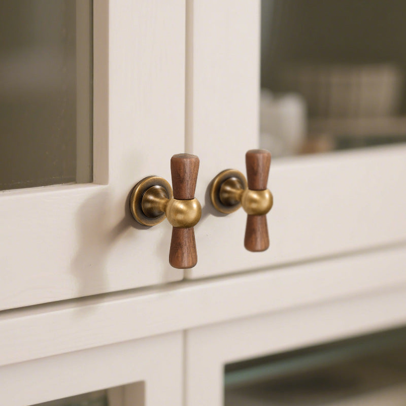 Vintage Walnut Brass Cabinet Handle Cupboard Drawer Pulls