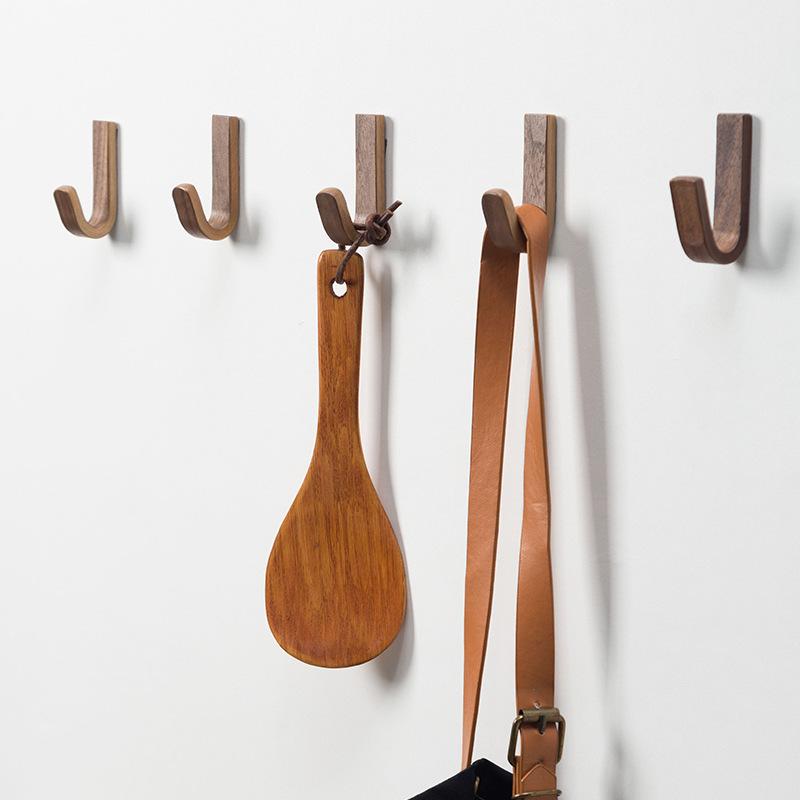 2 Pack Self-Adhesive Walnut Wood Door Hooks for Clothes Towels