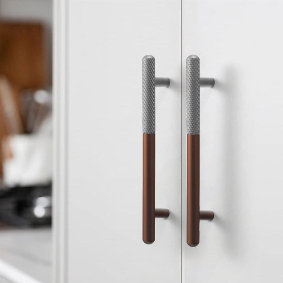Brown and Grey Matte Finish Kitchen Cabinet Bar Knurled Design Handles