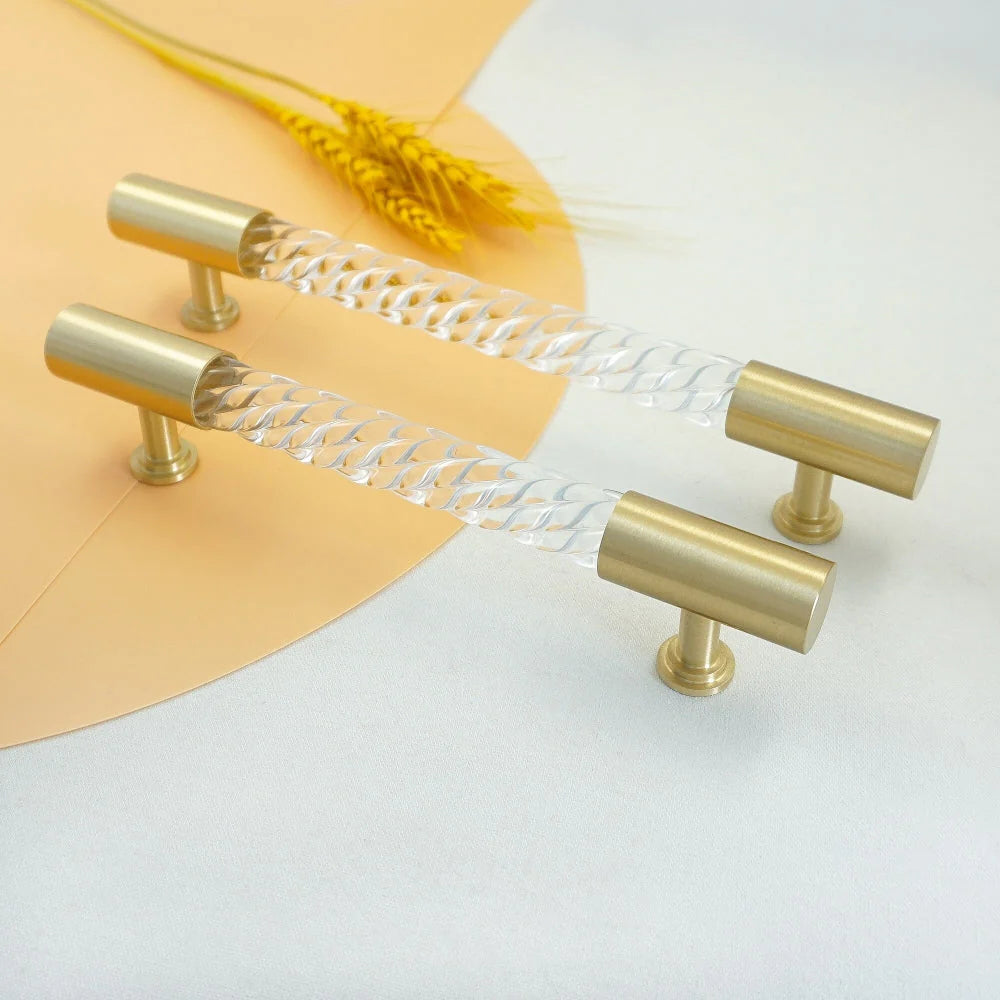 Gold Satin Finish Acrylic Knurled Lines Designed Cupboard T Bar Handle