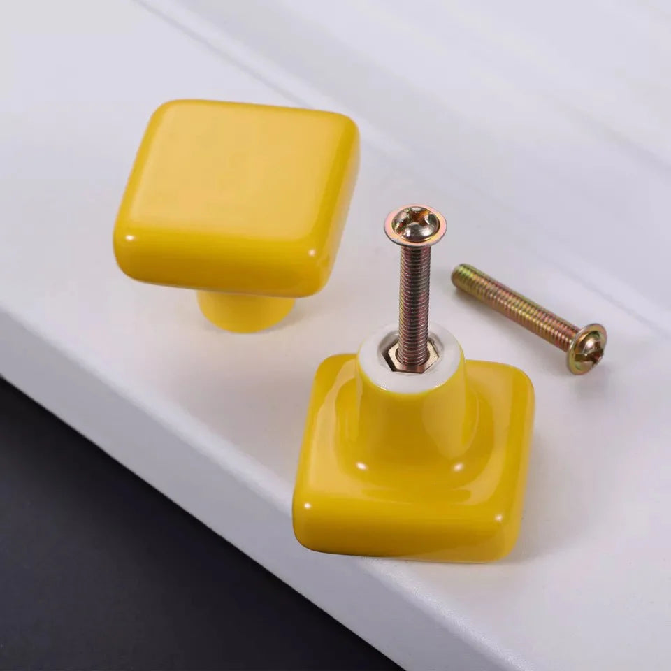 Yellow Ceramic Square Shape Children's Cabinet Drawer Knobs
