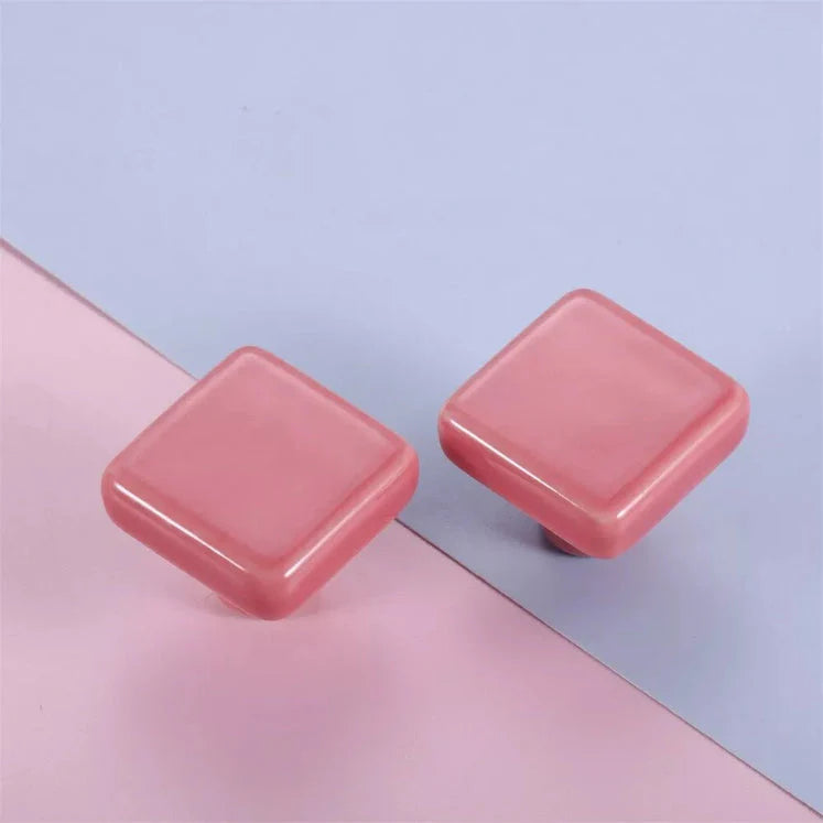 Pink Ceramic Square Shape Children's Cabinet Drawer Knobs