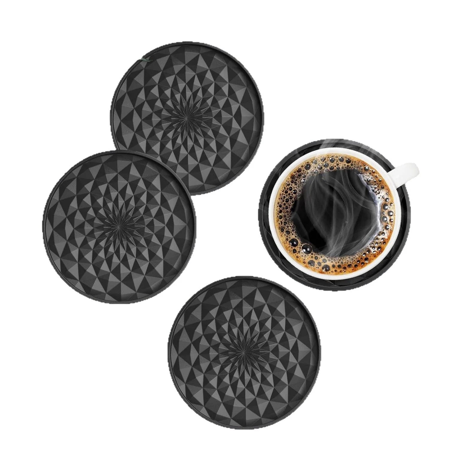 Geometric Silicone Drink Coasters Set (6 Pack) with Holder - Non-Slip Table Protectors
