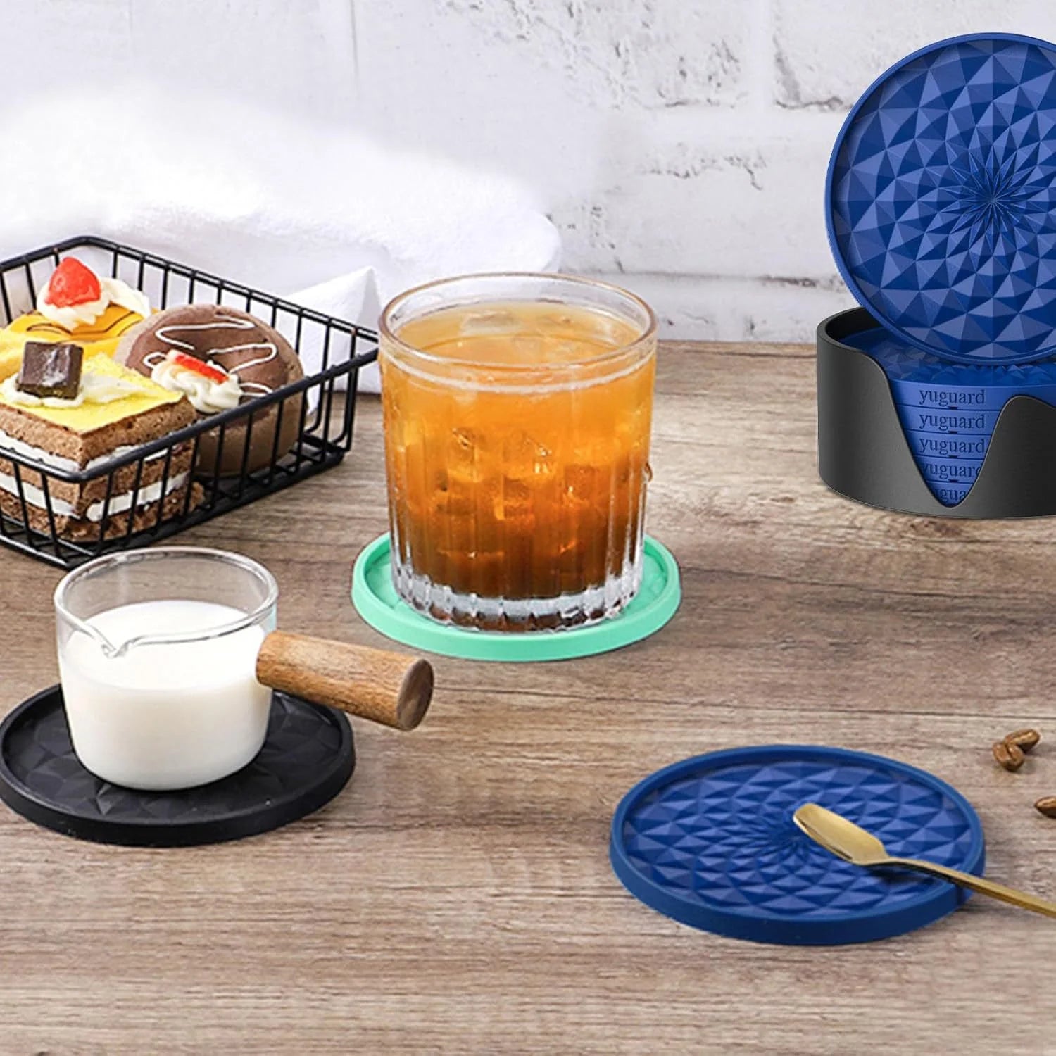 Geometric Silicone Drink Coasters Set (6 Pack) with Holder - Non-Slip Table Protectors