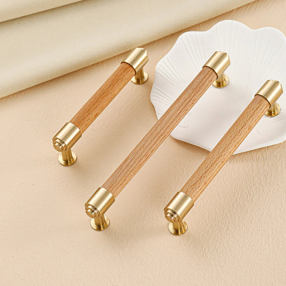 Beech Wood Cabinet Drawer Handle with Gold Brass for Kitchen