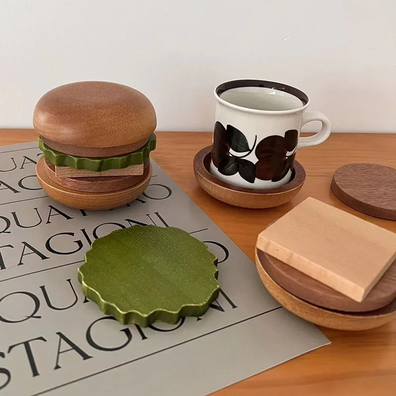 6PCS Hamburg Shape Teacup Tray 6 In 1 Solid Wood Coaster